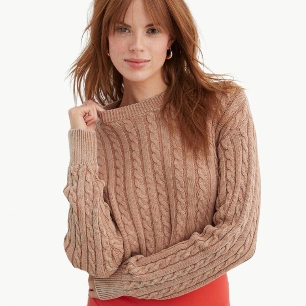 AERIE Mini Cable Cropped Crewneck Sweater Brown Large L